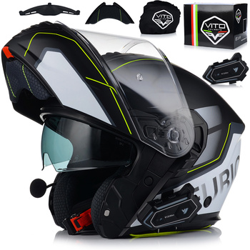 KASK MOTOCYKLOWY VITO FURIO SZARY FLUO SZCZĘKOWY + INTERKOM VITO BLUETOOTH