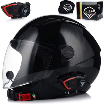 KASK MOTOCYKLOWY OTWARTY VITO UNO CZARNY POŁYSK SKUTER CHOPPER + INTERKOM