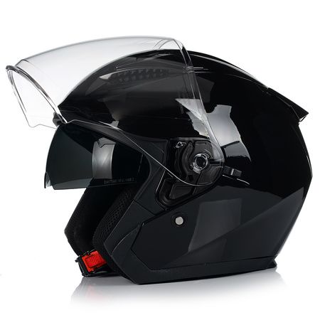 KASK MOTOCYKLOWY OTWARTY CZARNY POŁYSK SKUTER CHOPPER + BLENDA ECER 22.06