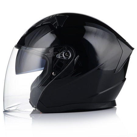 OTWARTY KASK MOTOCYKLOWY CZARNY POŁYSK SKUTER CHOPPER + BLENDA + INTERKOM XL