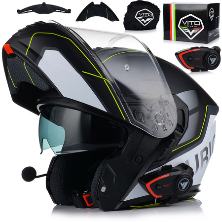 KASK MOTOCYKLOWY VITO FURIO FLUO GREY SZCZĘKOWY + INTERKOM VITO BLUETOOTH 2XL