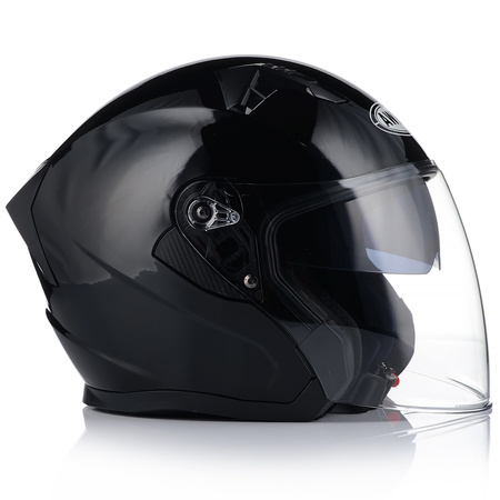 OTWARTY KASK MOTOCYKLOWY CZARNY POŁYSK SKUTER CHOPPER + BLENDA + INTERKOM XL