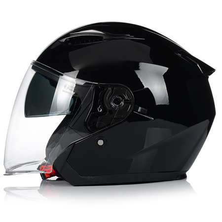 KASK MOTOCYKLOWY OTWARTY CZARNY POŁYSK SKUTER CHOPPER + BLENDA ECER 22.06