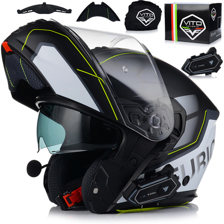 KASK MOTOCYKLOWY VITO FURIO SZARY FLUO SZCZĘKOWY + INTERKOM VITO BLUETOOTH