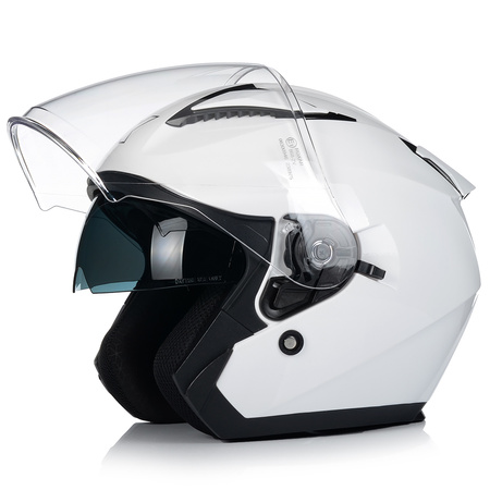 KASK MOTOCYKLOWY OTWARTY BIAŁY POŁYSK SKUTER CHOPPER + BLENDA ECER 22.06