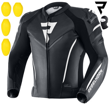 KURTKA MOTOCYKLOWA | REBELHORN FIGHTER BLK/WHT | MĘSKA SKÓRZANA SPORT + GRATIS