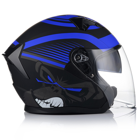 OTWARTY KASK MOTOCYKLOWY NIEBIESKI MATT SKUTER CHOPPER + BLENDA + INTERKOM