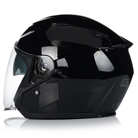 KASK MOTOCYKLOWY OTWARTY CZARNY POŁYSK SKUTER CHOPPER + BLENDA ECER 22.06