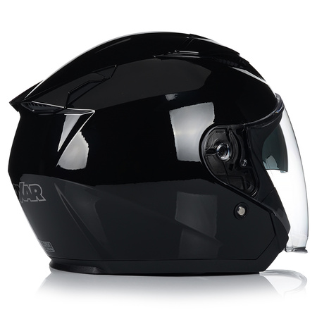 KASK MOTOCYKLOWY OTWARTY CZARNY POŁYSK SKUTER CHOPPER + BLENDA ECER 22.06