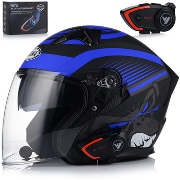 OTWARTY KASK MOTOCYKLOWY NIEBIESKI MATT SKUTER CHOPPER + BLENDA + INTERKOM