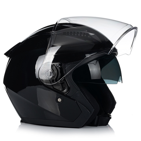 KASK MOTOCYKLOWY OTWARTY CZARNY POŁYSK SKUTER CHOPPER + BLENDA ECER 22.06