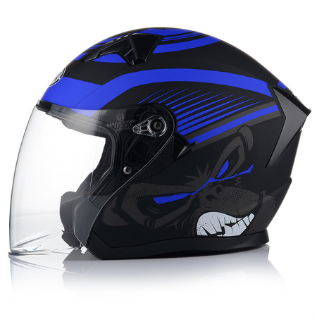 OTWARTY KASK MOTOCYKLOWY NIEBIESKI MATT SKUTER CHOPPER + BLENDA + INTERKOM
