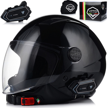 KASK MOTOCYKLOWY OTWARTY VITO UNO CZARNY POŁYSK SKUTER CHOPPER + INTERKOM