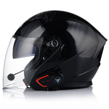 OTWARTY KASK MOTOCYKLOWY CZARNY POŁYSK SKUTER CHOPPER + BLENDA + INTERKOM XL