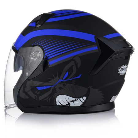 OTWARTY KASK MOTOCYKLOWY NIEBIESKI MATT SKUTER CHOPPER + BLENDA + INTERKOM
