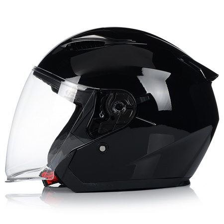 KASK MOTOCYKLOWY OTWARTY CZARNY POŁYSK SKUTER CHOPPER + BLENDA ECER 22.06