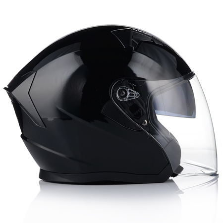 OTWARTY KASK MOTOCYKLOWY CZARNY POŁYSK SKUTER CHOPPER + BLENDA + INTERKOM XL