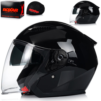 KASK MOTOCYKLOWY OTWARTY CZARNY POŁYSK SKUTER CHOPPER + BLENDA ECER 22.06