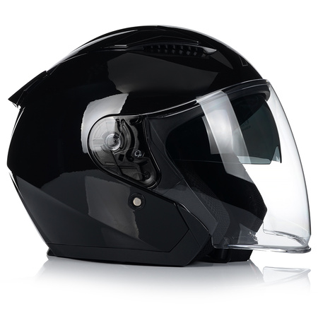 KASK MOTOCYKLOWY OTWARTY CZARNY POŁYSK SKUTER CHOPPER + BLENDA ECER 22.06