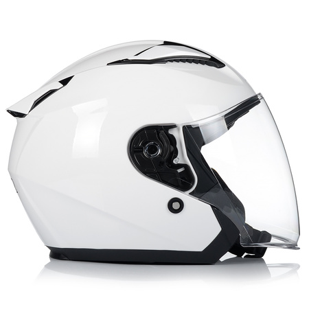 KASK MOTOCYKLOWY OTWARTY BIAŁY POŁYSK SKUTER CHOPPER + BLENDA ECER 22.06