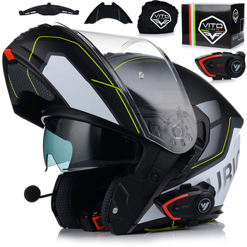 KASK MOTOCYKLOWY VITO FURIO FLUO GREY SZCZĘKOWY + INTERKOM VITO BLUETOOTH 2XL
