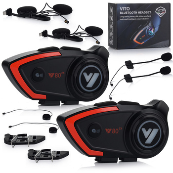 2x INTERKOM MOTOCYKLOWY VITO BLUETOOTH GŁOŚNIKI IPX6 WODOODPORNY 1000mAh