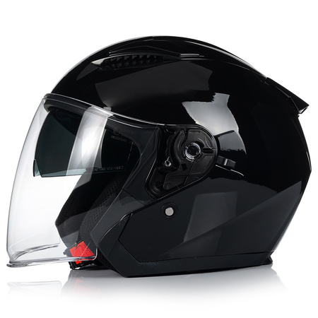 KASK MOTOCYKLOWY OTWARTY CZARNY POŁYSK SKUTER CHOPPER + BLENDA ECER 22.06