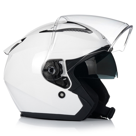 KASK MOTOCYKLOWY OTWARTY BIAŁY POŁYSK SKUTER CHOPPER + BLENDA ECER 22.06