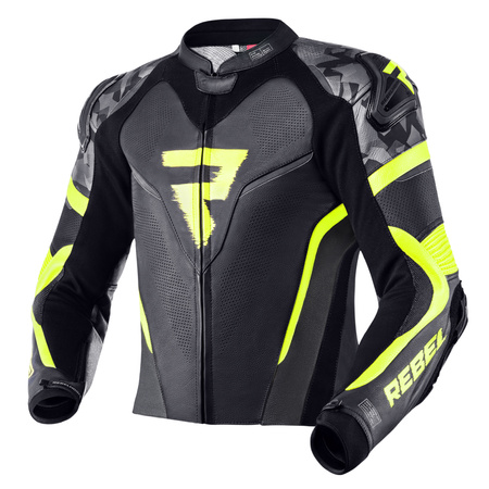 KURTKA MOTOCYKLOWA | REBELHORN REBEL BLK/FLUO | MĘSKA SKÓRZANA GARB + GRATISY