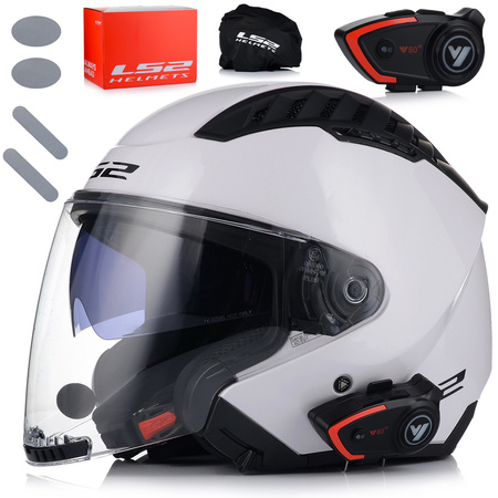 OTWARTY KASK MOTOCYKLOWY LS2 OF600 BIAŁY POŁYSK + INTERKOM BLUETOOTH