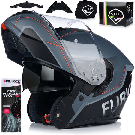 KASK MOTOCYKLOWY | VITO FURIO GREY MAT | BIAŁY SZCZĘKOWY + PINLOCK + BLENDA XL