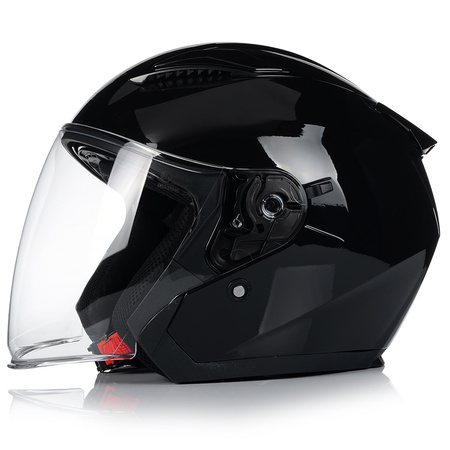 KASK MOTOCYKLOWY OTWARTY CZARNY POŁYSK SKUTER CHOPPER + BLENDA ECER 22.06