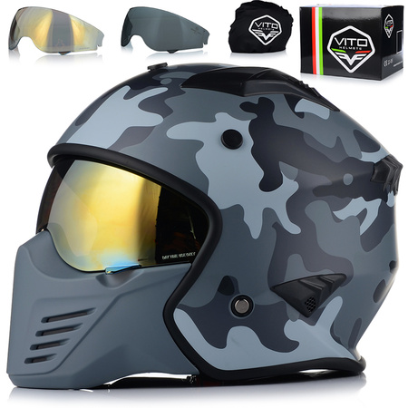 KASK MOTOCYKLOWY OTWARTY | VITO BRUZANO MATT | ODPINANA SZCZĘKA + 2x SZYBA