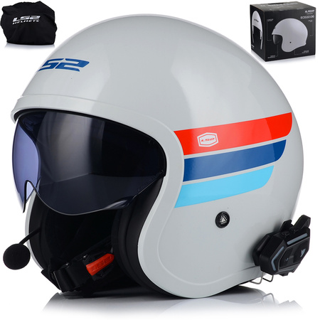KASK MOTOCYKLOWY LS2 OF599 SPITFIRE RETRO BIAŁY + INTERKOM 1ST BLUETOOTH