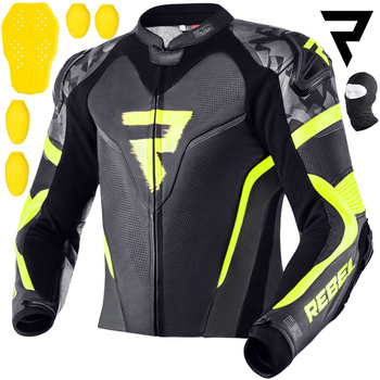KURTKA MOTOCYKLOWA | REBELHORN REBEL BLK/FLUO | MĘSKA SKÓRZANA GARB + GRATISY