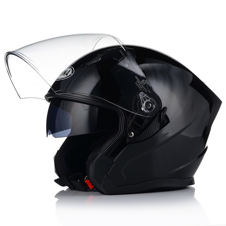 OTWARTY KASK MOTOCYKLOWY CZARNY POŁYSK SKUTER CHOPPER + BLENDA + INTERKOM XL