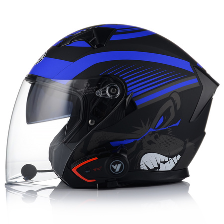 OTWARTY KASK MOTOCYKLOWY NIEBIESKI MATT SKUTER CHOPPER + BLENDA + INTERKOM