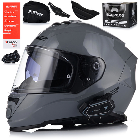 KASK MOTOCYKLOWY LS2 FF800 STORM II SZARY POŁYSK + INTERKOM 1ST BLUETOOTH