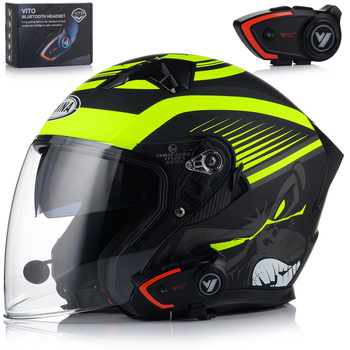 OTWARTY KASK MOTOCYKLOWY FLUO MATT SKUTER CHOPPER + BLENDA + INTERKOM