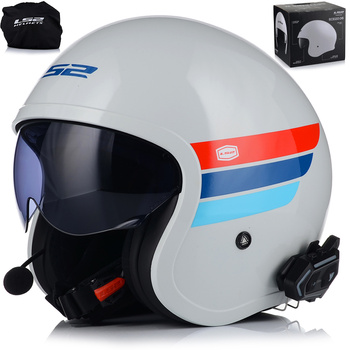 KASK MOTOCYKLOWY LS2 OF599 SPITFIRE RETRO BIAŁY + INTERKOM 1ST BLUETOOTH