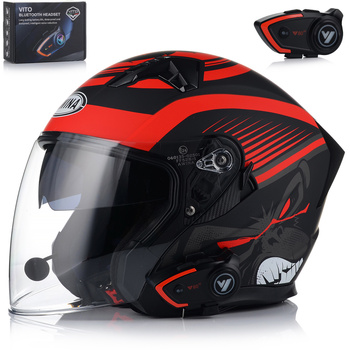 OTWARTY KASK MOTOCYKLOWY CZERWONY MATT SKUTER CHOPPER + BLENDA + INTERKOM