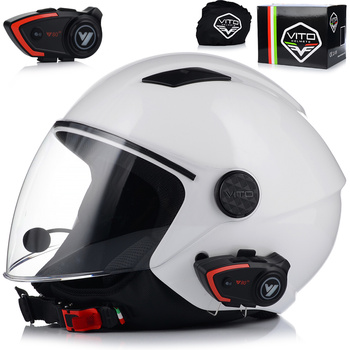 KASK MOTOCYKLOWY OTWARTY VITO UNO BIAŁY POŁYSK SKUTER CHOPPER + INTERKOM