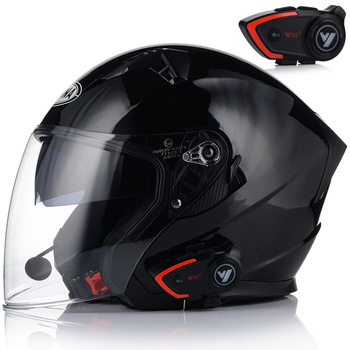 OTWARTY KASK MOTOCYKLOWY CZARNY POŁYSK SKUTER CHOPPER + BLENDA + INTERKOM XL