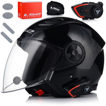 OTWARTY KASK MOTOCYKLOWY LS2 OF616 II CZARNY POŁYSK + INTERKOM  BLUETOOTH