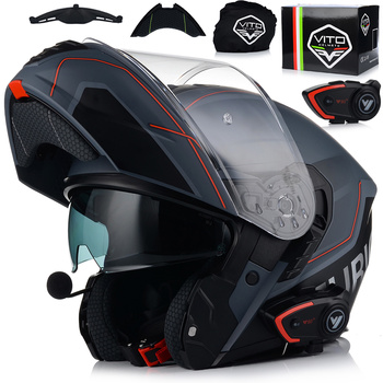 KASK MOTOCYKLOWY VITO FURIO SZARY MAT SZCZĘKOWY + INTERKOM VITO BLUETOOTH