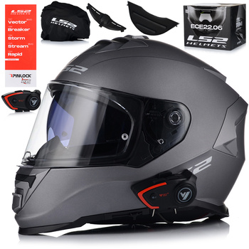 KASK MOTOCYKLOWY LS2 FF800 STORM II SZARY MATT + INTERKOM VITO BLUETOOTH